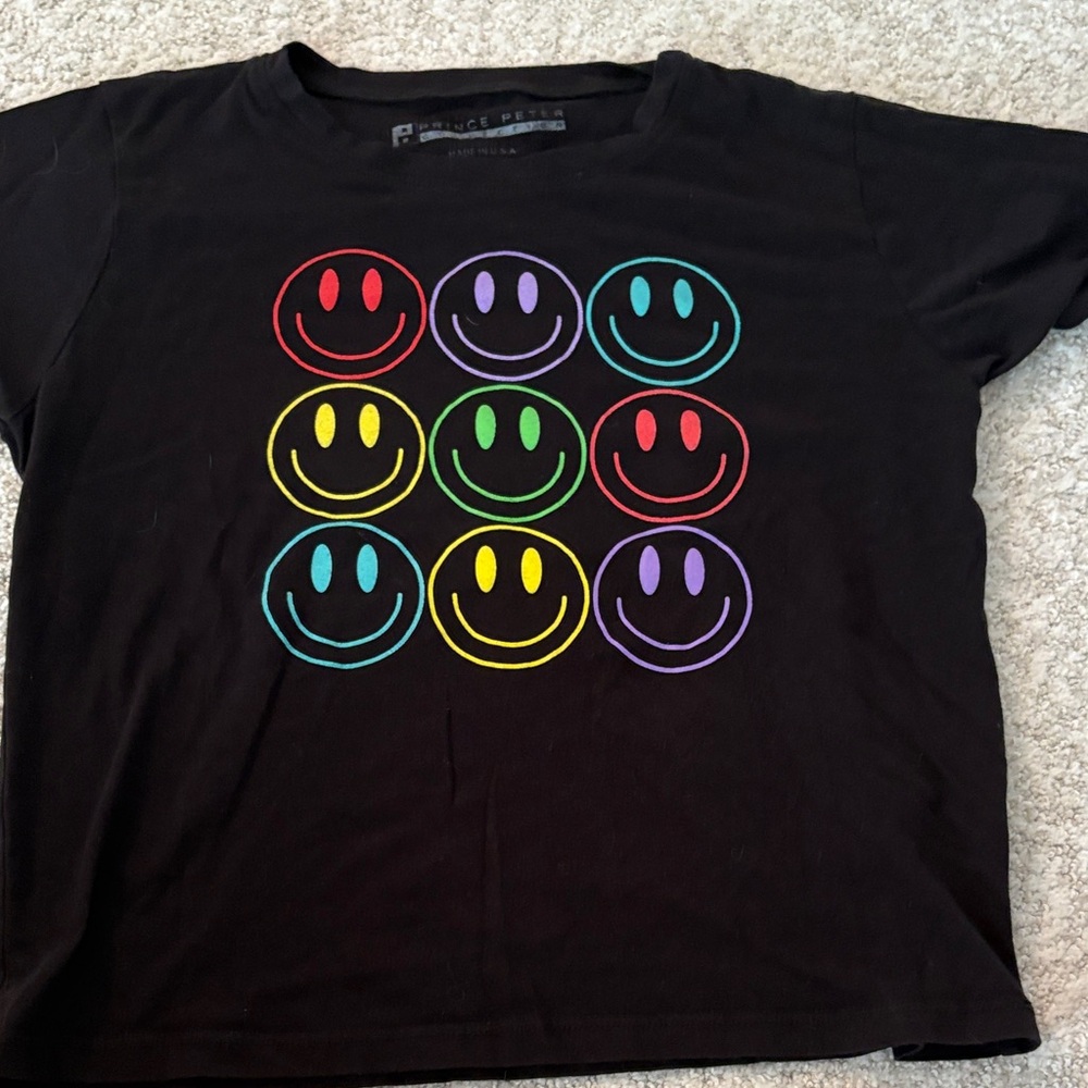 Prince Peter Collection Black Tee with Vibrant Smiley Faces